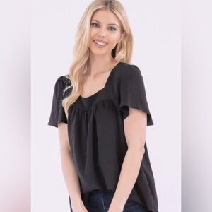 FERVER Black Flutter Sleeve Square Neckline Top.